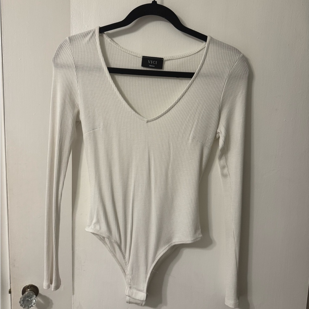 VICI White Ribbed Long Sleeve Bodysuit
